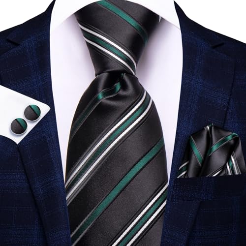 Image of Dubulle Mens Black Green Tie and Lapel Pin 4Pcs Set Formal Striped Dress Necktie with Pocket Square Cufflinks Wedding Party