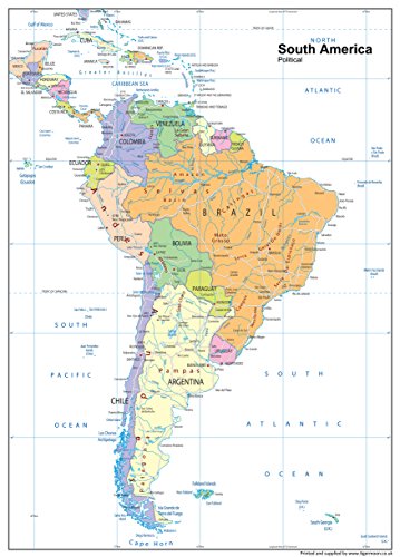 América del Sur político mapa – LAMINADO de papel, A1 Tamaño, 59,4 x 84,1 cm 🔥