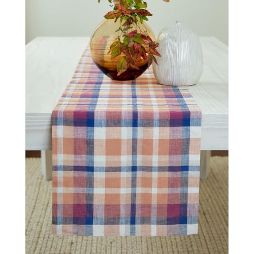 Solino Home Linen Plaid Table Runner 60 Inches - 100% Pure Linen Multicolor Fall Table Runner 14 x 60 Inch Ideal for Dresser and Coffee Tables - Thanksgiving, Autumn, Fall Flavors Madras