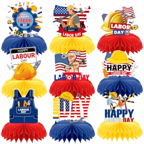 Image of Labor Day Patriotic Decorations - 9 Pcs Happy American Party Set | Paper Honeycomb Centerpieces for Table, USA Red White Blue Supplies Decor Photo Booth Props for Office Home Indoor Outdoor