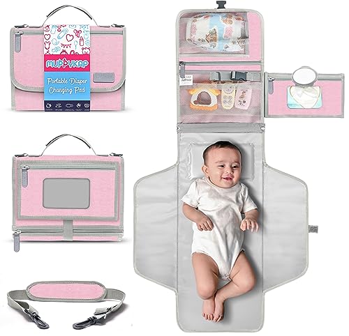 Image of Portable Changing Pad with Shoulder Strap - Detachable Travel Changing Pad - Baby Shower Gifts - Fully Padded & Lightweight - Baby Boy Gifts - Diaper Changing Pad - Changing Mat 27"x22" - Pink