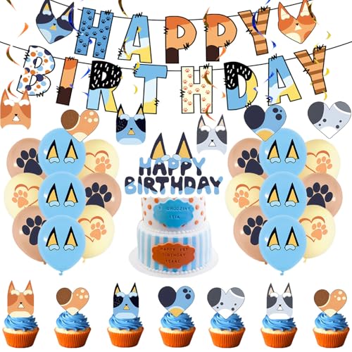 Tecknad blå valp barnfödelsedag partydekorationer, 50 stycken födelsedagsfest tårtdekorationer inklusive stora insatser, ballonger, hängande spinnare, pull-flaggor, små inlägg