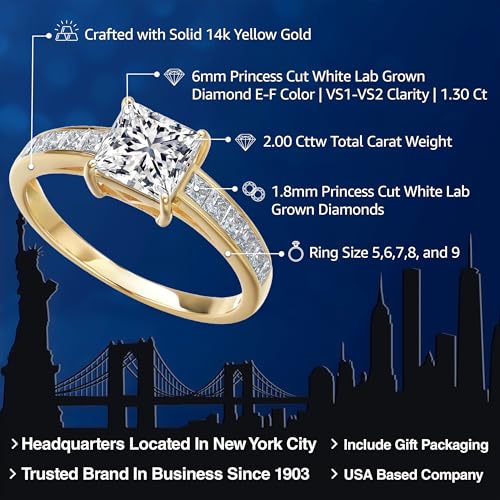 Gem Stone King 14K Yellow Gold IGI Certified Princess Lab Grown Diamond Engagement Ring For Women | 2.00 Cttw | Center Diamond 1.30 Ct | E-F Color | VS1-VS2 Clarity | Available in Size 5,6,7,8,92