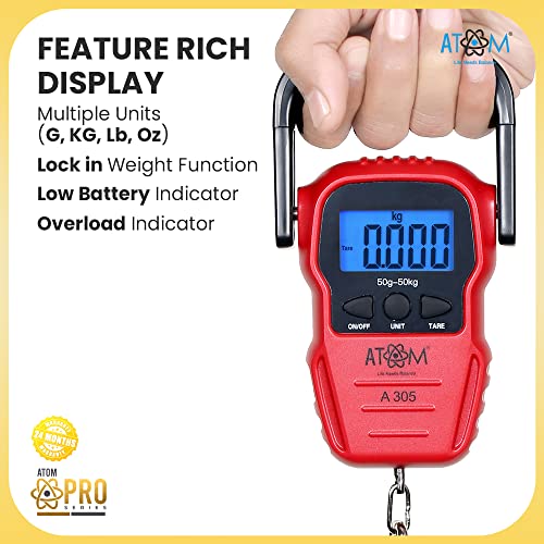 Image of ATOM Cerkel C-HS Series A305 Digital Hanging Luggage Weighing Scale, 50 kg Capacity, Stainless Steel Hook, Portable Electronic Weight Machine with LCD Display