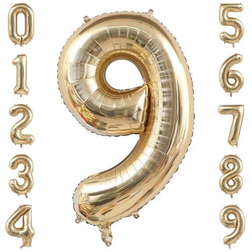 Image of Champagne Gold 9 Balloon Number,40 Inch Light Gold 9 Balloons Big Foil Mylar Helium Number 9 Balloon for Birthday Party Anniversary Decorations