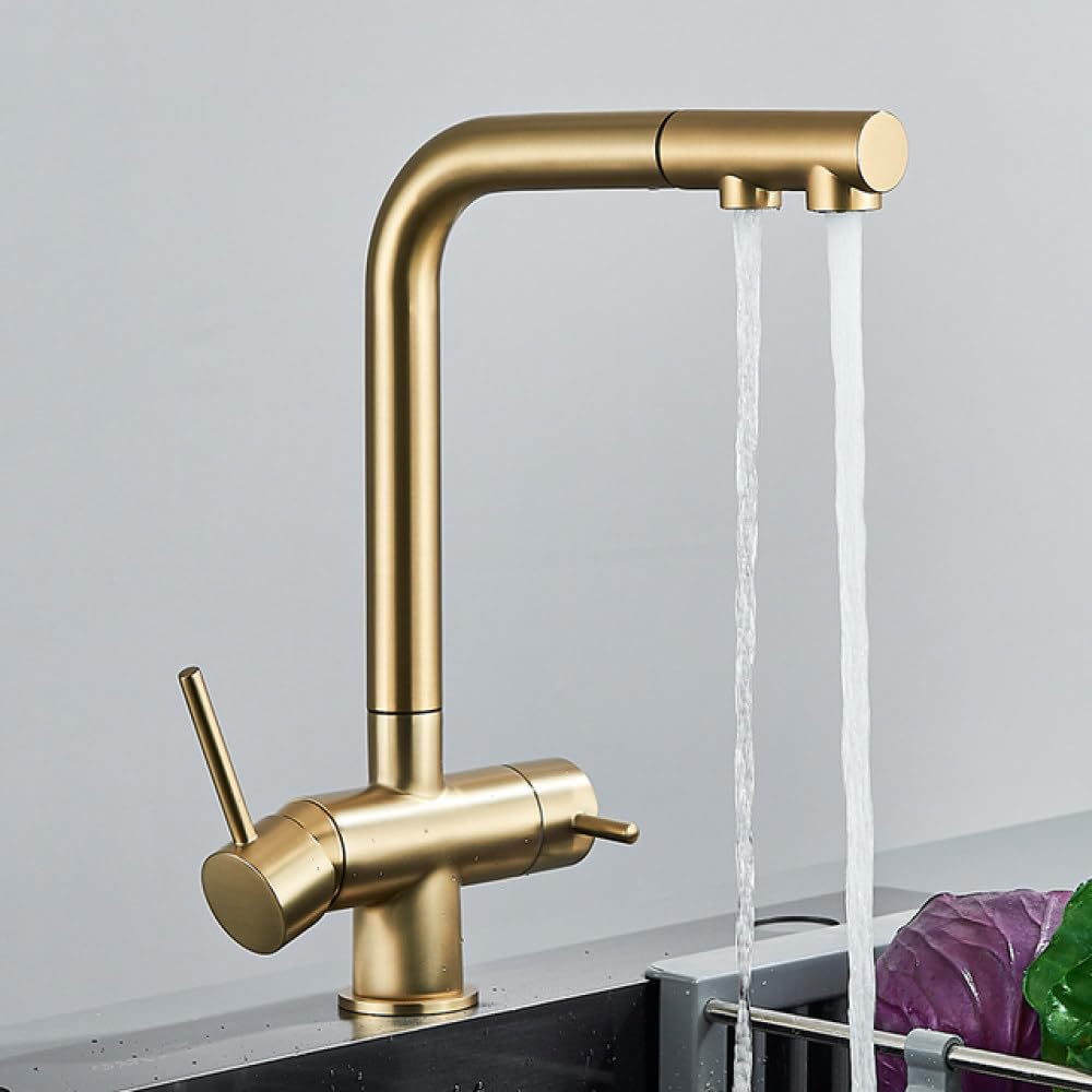 Brass Pullout Kitchen with 360° Rotation Black Filtered Water Purifier Tap for Vessel Sink Dual Drinking Water Mixer Tap Nickel Finish,Brushed Gold-1