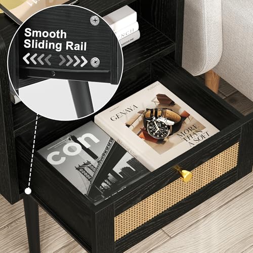 Image of MECHYIN Night Stand Set 2, Nightstands Set of 2 with Charging Station, Rattan Side Tables with Solid Wood Legs, Boho Bedside End Table for Apartment Bedroom Dorm Small Space