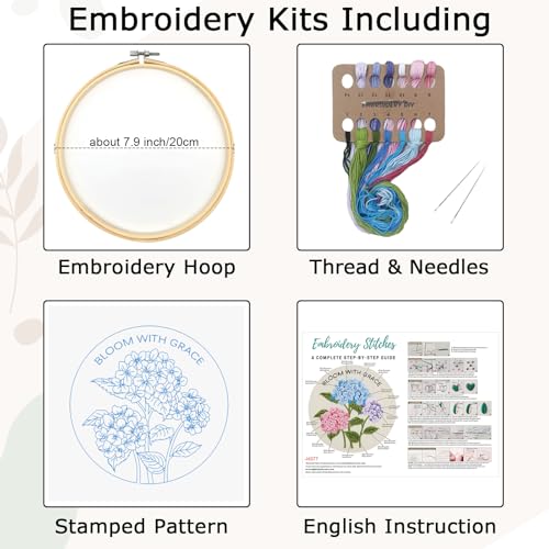 Image of Nuberlic Hydrangea Embroidery Kits for Beginner Adults Cross Stitch Kit with Stamped Pattern Include Cloth Hoops Threads Needles
