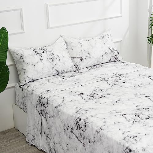 Image of Best Season Bed Sheet Set 4 Pieces -Full Size-Soft Durable Microfiber Bedding Sheet Set,Deep Pocket,Stain,Fade & Wrinkle Resistant(White Marble)