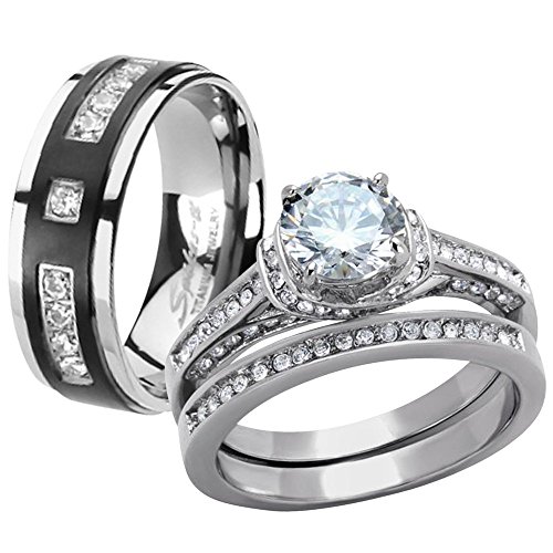 Marimor Jewelry Her His 3 Piece Stainless Steel Wedding Engagement Ring and Titanium Wedding Band Set