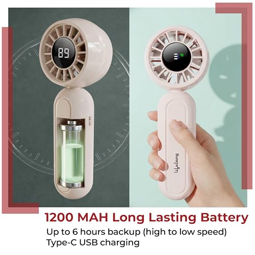 Image of Lifelong Foldable Bubble Mini Fan with Digital Display | 3 Speed Settings, 1200mAh Battery, Type-C Charging | 90 Foldable Head for Hands-Free Use | Portable & Lightweight Handheld Pocket Fan (Beige)