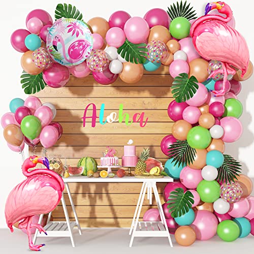 137Pcs Tropical Balloon Arch Garland Kit, Flamingo Luau Balloons Of Hot Pink Rose Gold Fruit Green Blue & Palm Leaves For Tropical Party Decorations Hawaiian Aloha Birthday Wedding Decor #TOP18