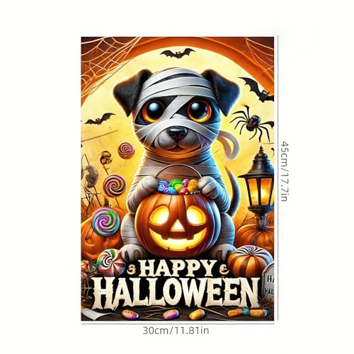 Image of Happy Halloween Garden Flag 12x18 Double Sided Mummy Puppy Ghost Skeleton Dog Garden Flag Candy Trick or Treat Pumpkin Flag Halloween Decorations Banner Fall Decor Outdoor Lawn Yard Flag