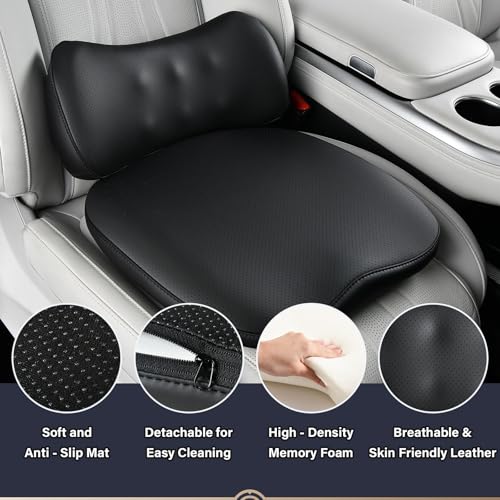 Image of Coverado Memory Foam Car Seat Cushion and Lumbar Support Pillow for Driving Seat, Ergonomic Design Soft and Breathable PU Leather, High Density Memory Foam for Neck & Lower Back Pain Relie