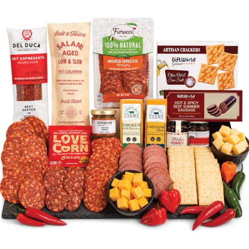 Ultimate Deluxe Hot and Spicy Charcuterie Gift Basket, Meat and Cheese Gift Basket for Men and Women, Charcuterie Food Items with Spicy Meats, Cheddar, Gouda, Hot Honey, Bacon Jam - 11 Item Bundle
