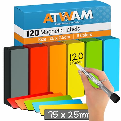 ATWAM 120 Magnetic Strips writable - Magnetic Labels 75 x 25mm - 6 Colors - Scrum & Kanban - Magnetic Notes - Whiteboard Strips for Magnetic Board, Magnetic Wall & Fridge