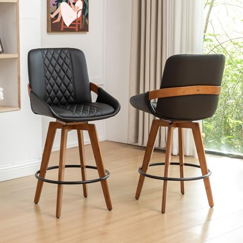 Image of Bar Stools Set of 2, Mid Century Modern Retro Swivel Bar Chairs, Furniture with Curved Back, Faux Leather Upholstered and Walnut Wood Frame for Bar /Pub /Island (Black, 29.5 inch-2 PCS)