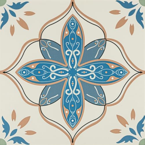 Image of Moroccan Tile Stickers | Waterproof Self Adhesive Peel & Stick Tile Decals for Kitchen Backsplash, Bathroom Wall, Floor, Furniture & Glass (8x8 Inch, Design 58)