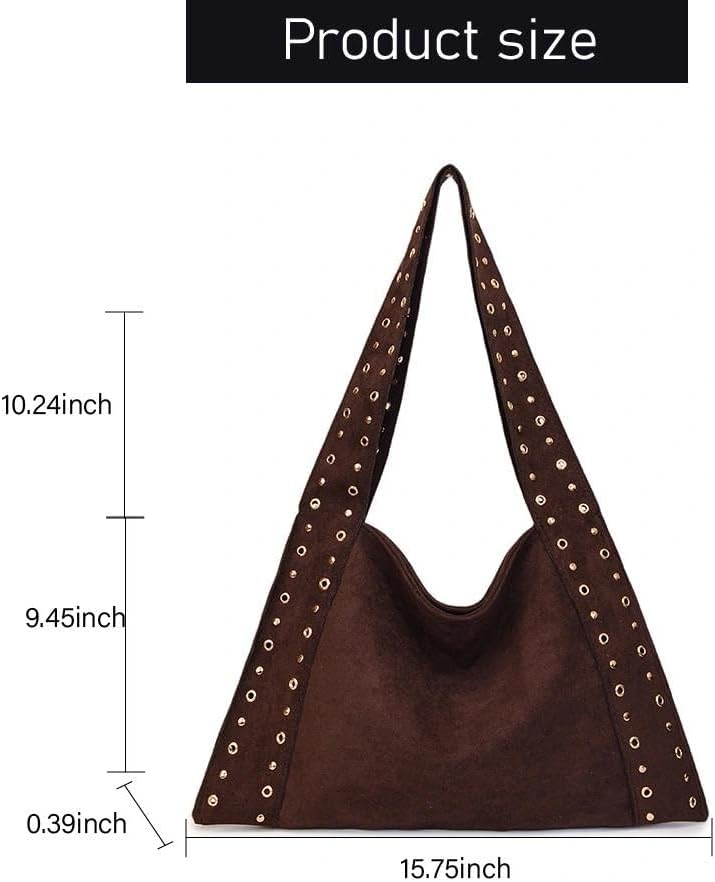 LRTJ Brown Suede Bag for Women, Dark Brown Suede Purse for Fall, Trendy Hobo Studded Handbags