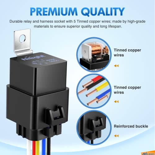 Nilight 50044R 5 Pack Waterproof 40/30 Amp Heavy Duty 12 Awg Tinned Copper Wires 5-Pin Spdt Bosch Style 12V Automotive Relay And Harness Set,2 Year Warranty #TOP1