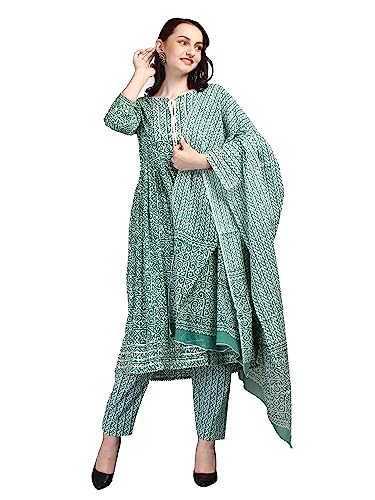 Image of Women's Green 100% Pure Cotton Flared Kurta Pant Set With Big Size Dupatta