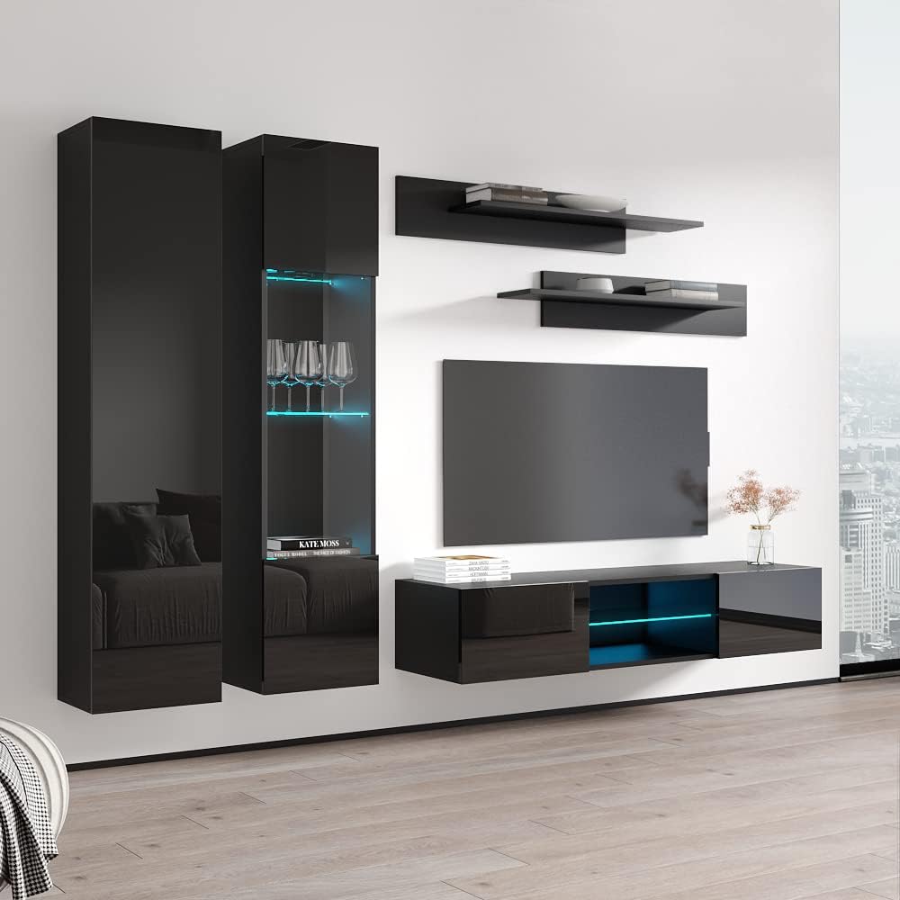 Meble Furniture Fly AB2 33TV Stand Wall-Mounted Entertainment Center — Floating Modern TV Console with Storage Shelves and LED Lights, 65.4 x 15.7 x 18.1 in — Black