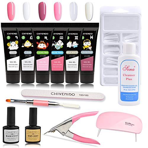 Poly Gel Nail Kit, CHIVENIDO 6x15ML Nail Builder Gel Extension Nail Gel Kit, Poly Nail Gel Kits Starter Kit Nail Salon Easy DIY for Beginner at Home All-in-One Kit Gift Set (S-01)