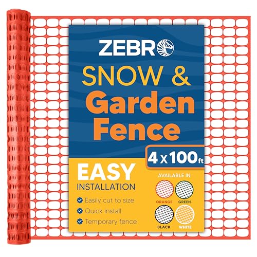 ZEBRO 4' x 100' Orange Plastic Garden Fence Roll – Light Duty Mesh Fencing for Temporary Fence, Snow, Garden Netting, Animal Barrier, Agricultural Fencing & Lawn Protection