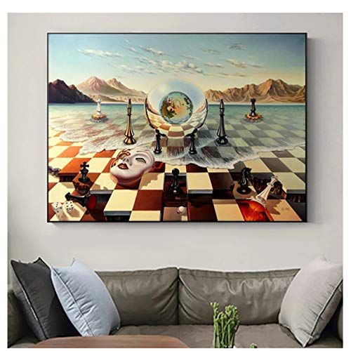 Jiankun Salvador Dali Surrealism Chess Mask On Sea Canvas Prints Painting On Wall Art Abstract Weird Picture Decor -24X36 Inch No Frame #TOP5