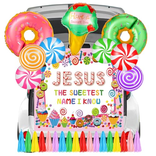 WovWeave 16 Pcs Religious Halloween Trunk or Treat Decorations Kit Christian Car Archway Garage Decor Banner Lollipop Donut Balloons Tassel for SUV Car House Party Decoration