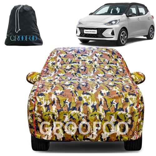 Image of GROOFOO Car Cover Compatible with Hyundai Grand i10 N | Camouflage, Waterproof, Dustproof, UV Protection | Military Jungle Design | Custom Fit, Triple Stitched | All Weather Body Cover