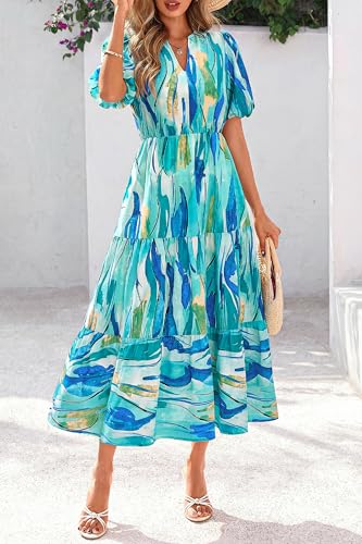dowerme Womens Summer Dresses 2026 Casual Puff Short Sleeve V Neck Floral Boho Tiered Ruffle Maxi Dress with Pockets(Floral Blue Green,Medium) — view 3