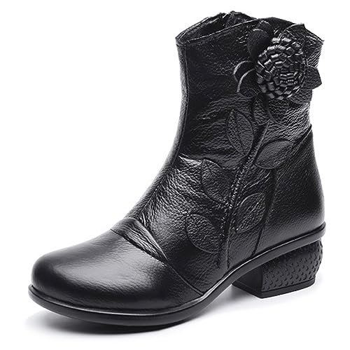 Women's Leather Mid Calf Half Boots Ethnic Floral Round Toe Block Low Heel Ankle Booties with Side Zipper