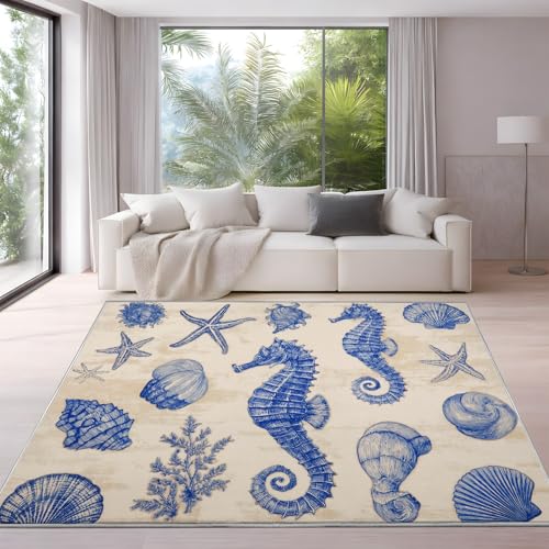 Genérico Azul Beige Alfombras para Sala de Estar, Lavables, Antideslizantes 60 x 120 cm, Dormitorio Cocina Comedor Alfombra de Interior de Pelo Corto Vintage Minimalista Marítimo Patrón Alfombras