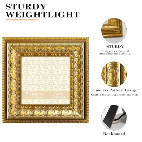 Image of VIOLABBEY 4x4 Picture Frame Gold Set of 2, Vintage Photo Frame | Small Antique Ornate Frame, Square Frame for Wall or Tabletop Display,Classic Design for Home Office Decor