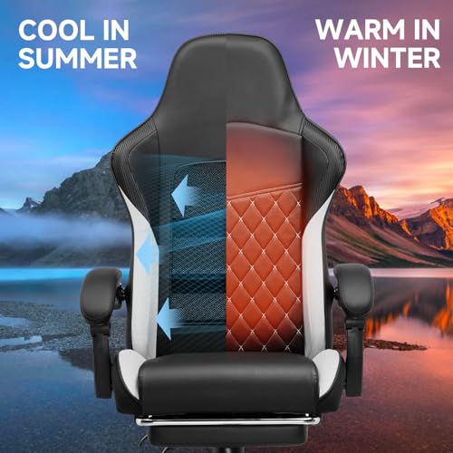 Image of GTPLAYER Gaming Chair, High Back Leather Computer Gaming Chair with Footrest, Ergonomic Height Adjustable Office Chair with Removable Cover and Lumbar Support for Gaming & Work,White