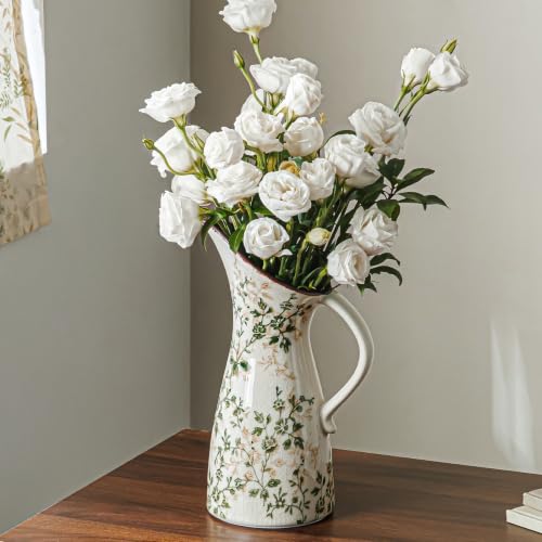 Image of Ceramic Flower Vase | Green Rustic Farmhouse Pitcher Vase for Home Decor, Vintage Floral Tuscan Vase for Living Room & Kitchen, Mantel & Bookshelf, Centerpieces, Entryway, Wedding(10.5 Inch)