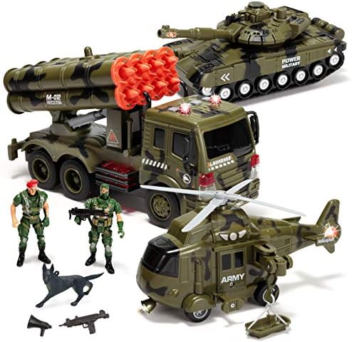 JOYIN 3 in 1 Friction Powered Siren Military Vehicle Toy with Action Figures, Including Military Truck, Helicopter and Tank Toy, Military Vehicles with Light and Sound Siren for Imaginative Play