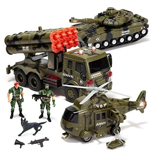 JOYIN 3 in 1 Véhicule Militaire Jouet avec sirène à Friction et Figurines, Comprenant Un Camion, Un hélicoptère et Un Char Militaires, véhicules Militaires avec sirène Lumineuse et sonore