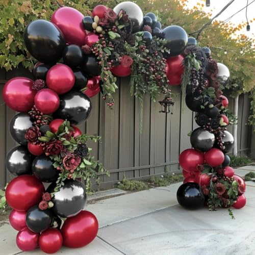 Image of Black Red Balloons Thick Double Stuffed Black Burgundy Balloon Garland Arch Kit for Gothic Vampire Till Death Do Us Rip To Twenties Halloween Birthday Party Decorations