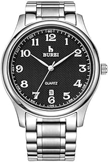 BUREI Herren Uhren Klassische Quarz Armbanduhr Schwarz Datumsanzeige mit Silber Edelstahlband Uhr für Männer