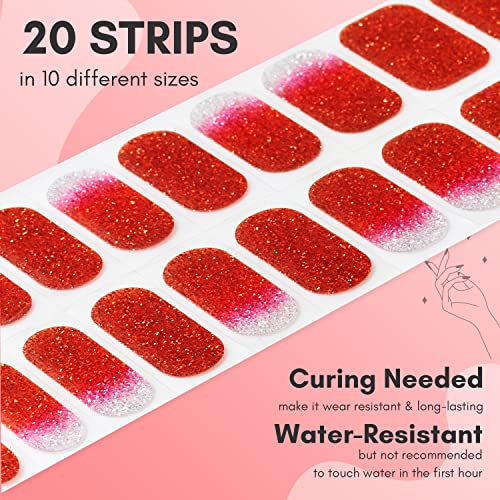 Makartt Semi Cured Gel Nail Strips Gel Nail Polish Sticker Gel Nail Stickers Glossy Full Nail Wraps For Women With Nail File, Nail Wipe And Wood Stick Easy & Quick Nail Art 20 Strips（Red Glitter） #TOP2