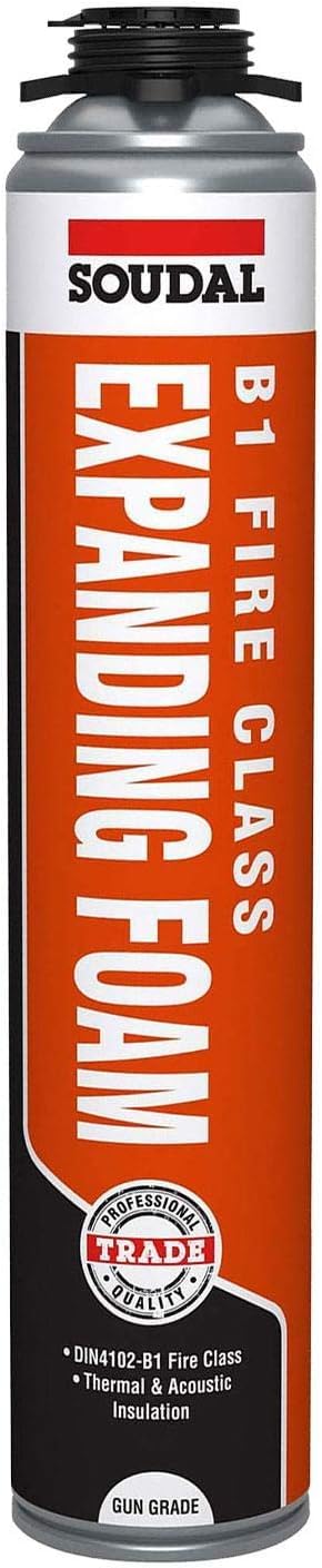 SOUDAL B1 Fire Class & Acoustic Expanding Foam Trade Gunfoam - Gap Filler Genius Gun Grade 750ml Fire Rated Insulating PU Foam One Component, Polyurethane