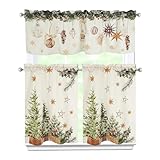 Zifmrtrwn Christmas Kitchen Curtains 3 Piece Set Xmas Trees Holly Pine Curtains Valance & Tiers for Kitchen Home Indoor Cafe 36 Inch Short Window Curtain Over Sink Window Winter Holiday Decor