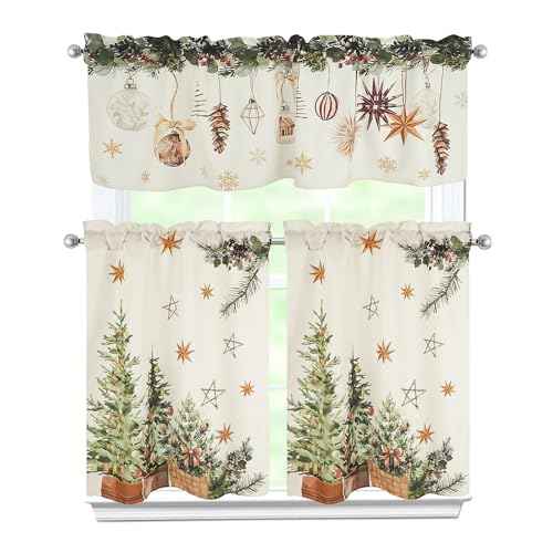 Zifmrtrwn Christmas Kitchen Curtains 3 Piece Set Xmas Trees Holly Pine Curtains Valance & Tiers for Kitchen Home Indoor Cafe 36 Inch Short Window Curtain Over Sink Window Winter Holiday Decor