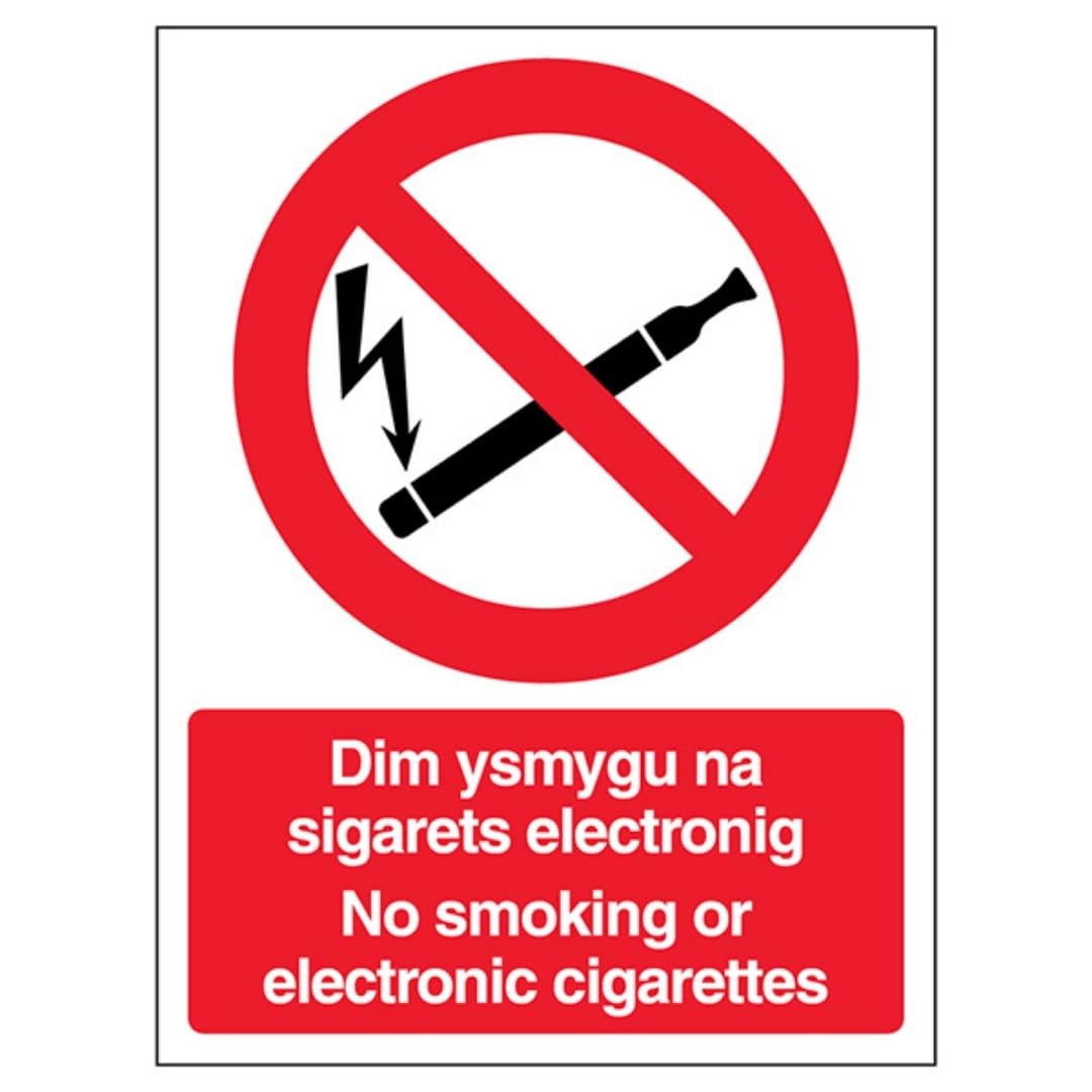 V Safety Welsh/English - No Smoking Or Electronic Cigarettes 200 x 300mm - 2mm Rigid Plastic Safety Sign