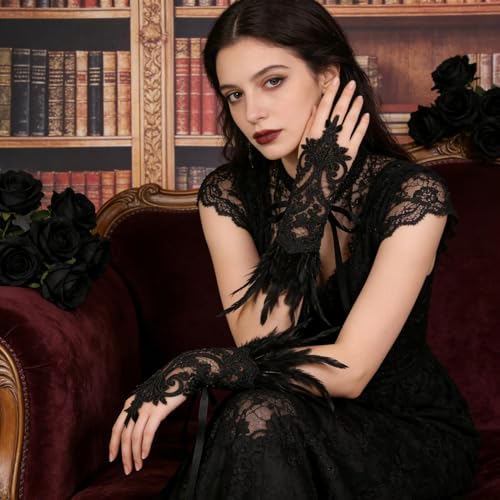 Guantes de encaje sin dedos con plumas para disfraces de mujer 2