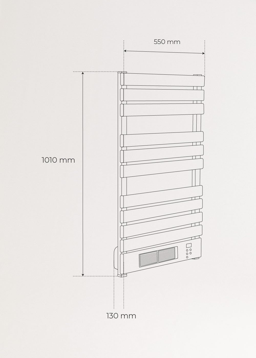 Technical drawing showing dimensions of the towel warmer