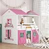 Full Size Bunk Wood House Bed with Elegant Windows Sills and Tent PinkWhite