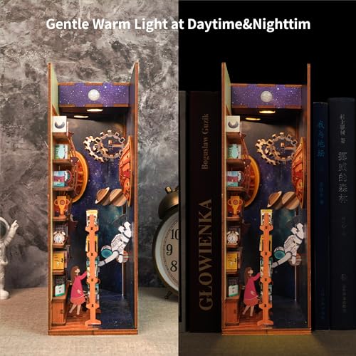 Image of Tonecheer DIY Book Nook Kit for Adults,3D Wooden Puzzle Bookend Bookshelf Insert Library Decor, Booknook Miniature House Kit with Body Motion Sensor LED Light（Interstellar）
